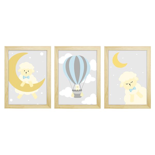 Trio De Quadros Pinus Com Vidro Carneiro