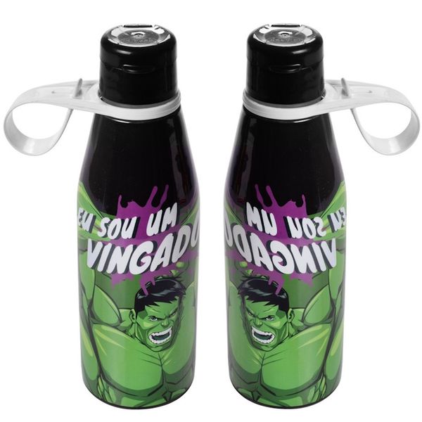 2 Garrafinhas de Água para Crianças Tampa Abre Fácil Estampa Heroi Huk Plasútil 530ml
