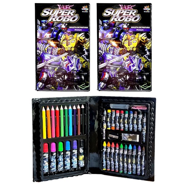 2 Maletas de Colorir Transformers Meninos Estojo Desenhos Lápis Canetinha Giz 48pçs