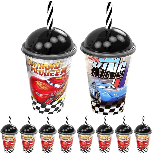10 Copos com Canudo e Tampa 280ml do Carros Mcqueen p/ Sacola Surpresa Festa