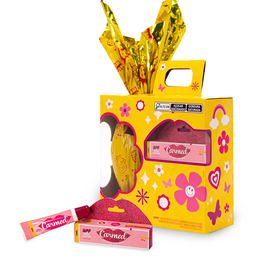 kit pascoa hidratante labial carmed glitter e ovo de chocolate ao leite brasil cacau frente
