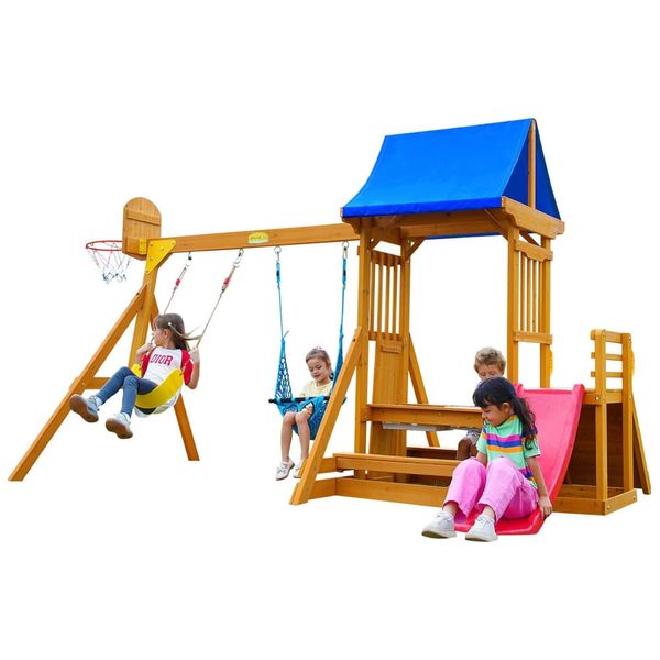 Playground Infantil de Madeira com Mesa de Piquenique, Cesta de Basquete, Escorregador de Ondas, 2 Balanços e Parede de Escalada, SuniBoxi