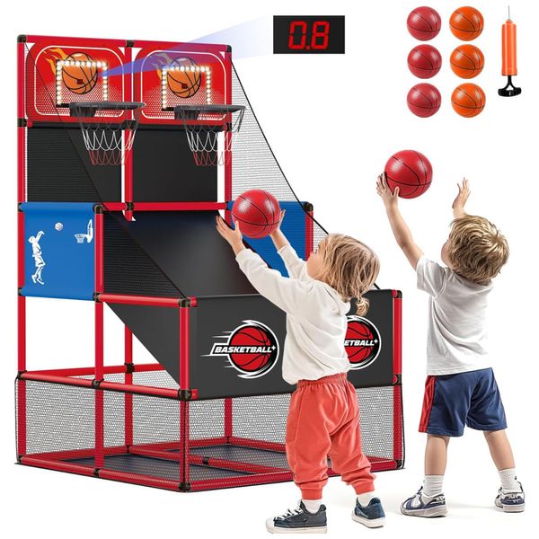 Jogo de Basquete Arcade Infantil para 2 Jogadores com 6 Bolas, Placar Eletrônico e Luz LED para Crianças de 3 a 8 Anos, M SANMERSEN, Vermelho
