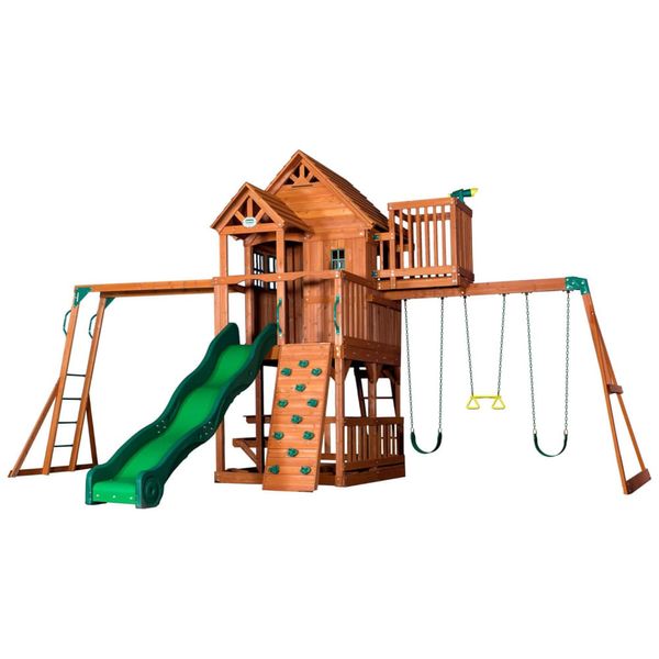 Playground Infantil de Madeira com Caixa de Areia, Mesa de Piquenique, Escorregador, Barras de Macaco, Balanços e Escalador, Backyard Discovery
