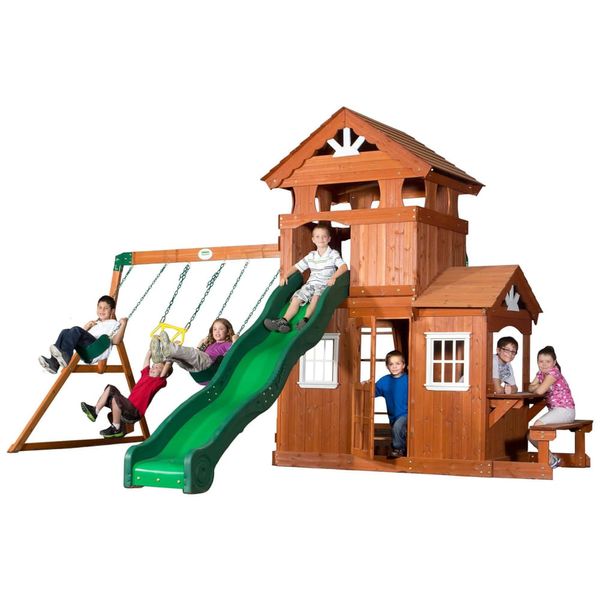 Playground Infantil com Banco para Lanche, Parede de Escalada, Escorregador de 3 Metros, 2 Balanços e Barra de Acrobacias, Backyard Discovery