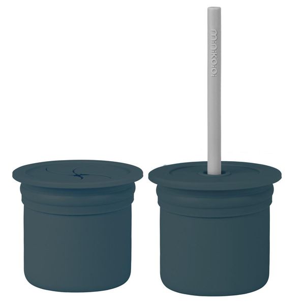 Copo Snack com Canudo Silicone Sip + Snack Deep Blue e Grey - Minikoioi