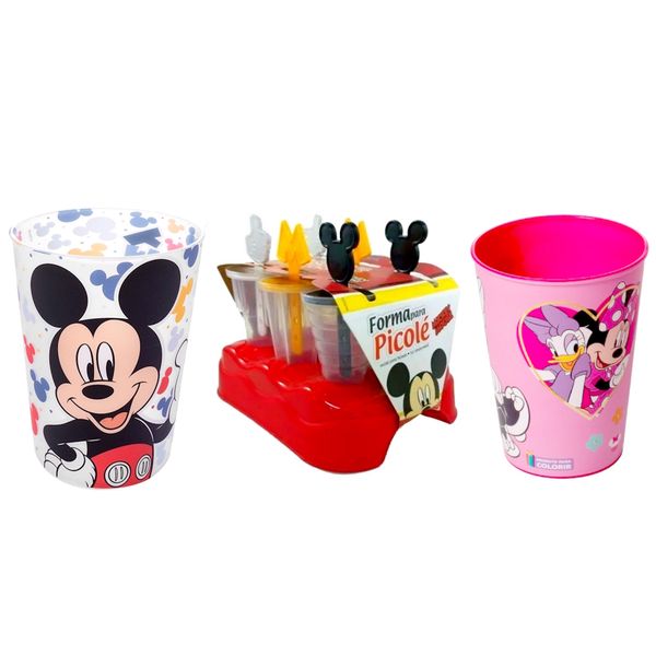 Kit do Mickey e da Minnie com Forminha de Sorvete e Copos 320ml