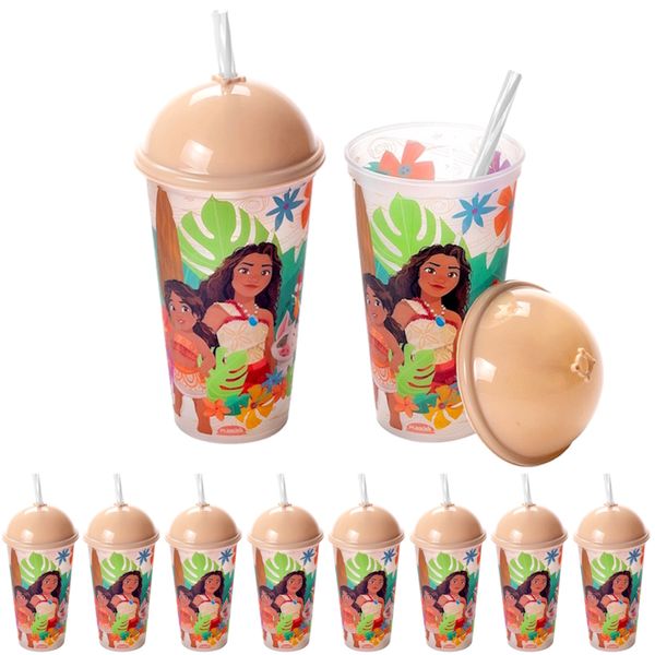 10 Copos Shake Infantil da Moana Tampa e Canudo 500ml Original