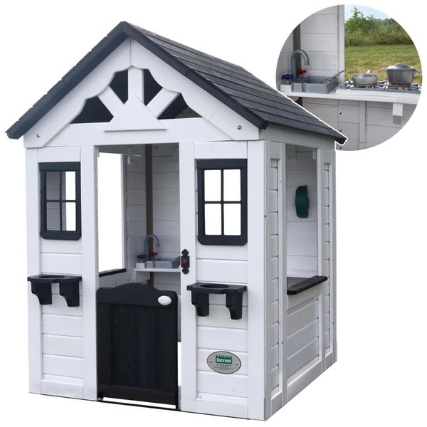 Casinha Infantil de Madeira para Área Externa com Porta Estilo Country, Campainha e Suportes para Vasos de Flores, Backyard Discovery 2303010, Branco