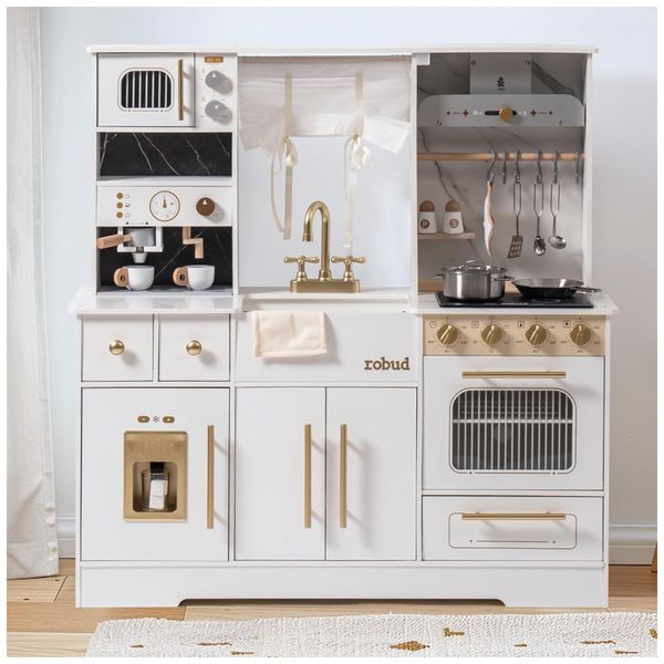 Mini Cozinha Educativa de Madeira ROBUD para Crianças, com Máquina de Gelo, Cafeteira, Forno e Micro-ondas - Conjunto Completo de Utensílios e Armário