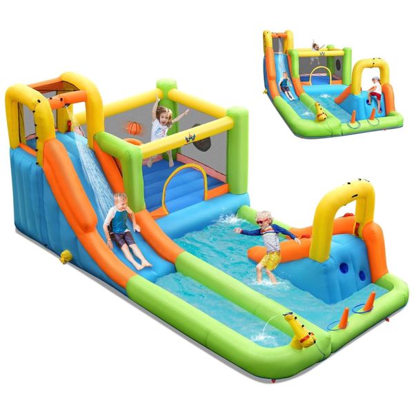 Parque Aquático Inflável 8 em 1, até 136 kg com Escorregador Longo e Piscina Gigante para Crianças Acima de 3 Anos, BOUNTECH