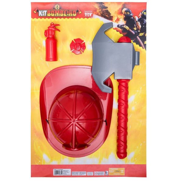 CONJUNTO BOMBEIRO MASTER C/ CAPACETE , EXTINTOR, MACHADO E DISTINTIVO 0832