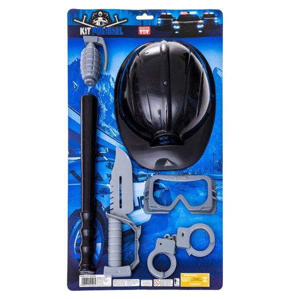CONJUNTO POLICIAL C/CAPACETE, ALGEMA, OCULOS DE PROTEÇAO, GRANADA, BASTAO E FACA 0516