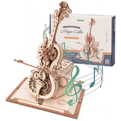Quebra Cabeças 3D em Madeira para Adultos, Tema Caixa de Música Violoncelo com 199 Peças, ROKR amk63, Marrom