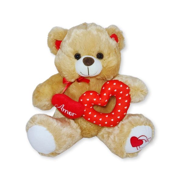 Urso de Pelúcia Cappuccino com Dois Corações Amor 32cm Presente Dia dos Namorados