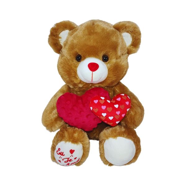 Urso de Pelúcia Chocolate com 2 Corações e Frase "Eu Te Amo" - Fizzy Toys - 33cm