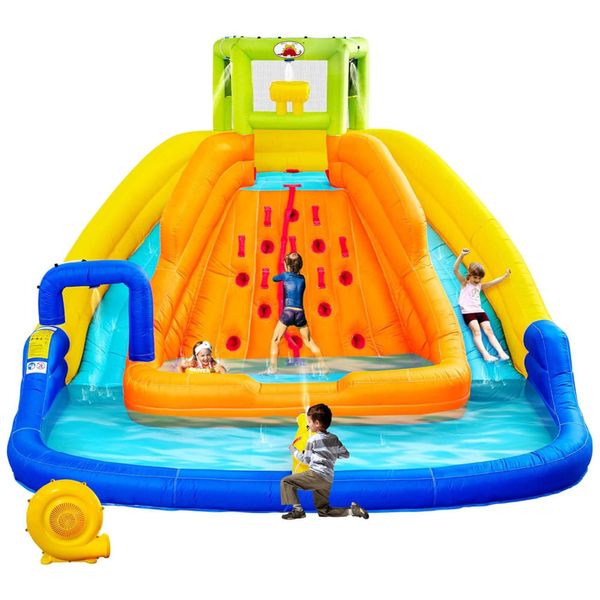 Parque Aquático Inflável, Castelo Pula-Pula com Baldinho de Água, Piscina Profunda, Parede de Escalada com Corda, Castelo Saltitante, WELLFUNTIME