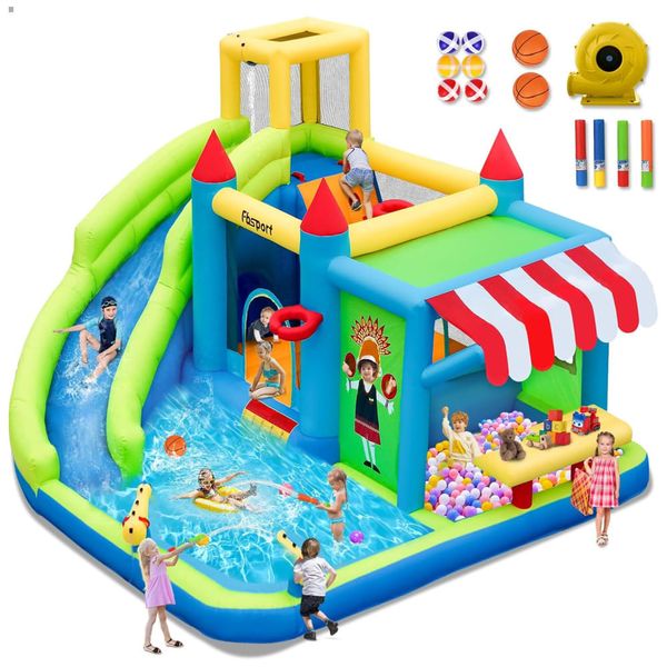 Casa de Pulos Inflável FBSPORT com Escorregador Aquático, Diversão Garantida para Crianças com Mercadinho e Piscina de Splash, Parede de Escalada