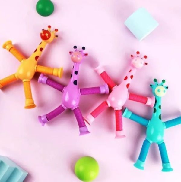 Brinquedo Girafa Estica Gruda Pop Tubo Zoo Com Luz Led