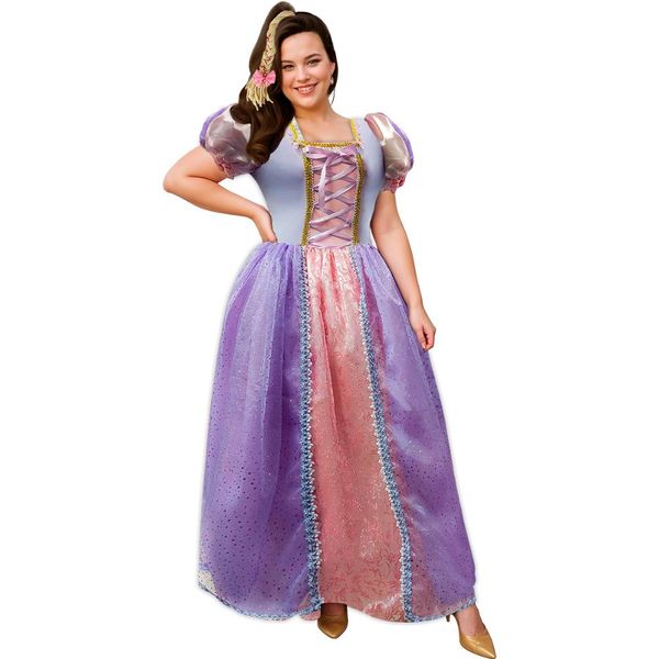 Fantasia Rapunzel Plus Size Vestido Princesa Adulta de Luxo Com Tiara Lilás