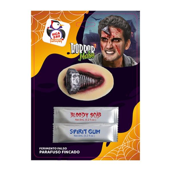 Ferimento Falso Horror Make Parafuso Fincado com Cola e Sangue para Maquiagem de Halloween