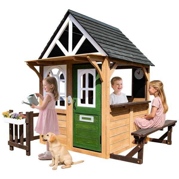Casa de Brincar Infantil YOFE, Playhouse de Madeira c/ Cozinha, Cerca, Banco, Porta p/ Cachorro, Campainha, Vaso de Flores - Diversão no Quintal