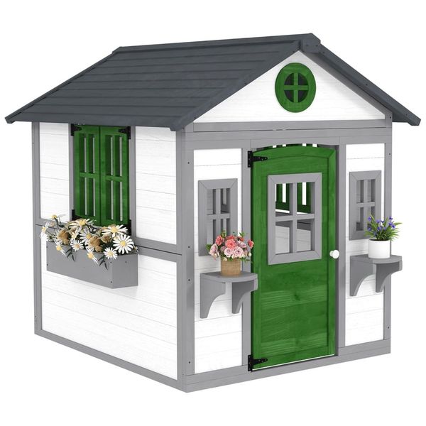 Casa de Bonecas Infantil Outsunny, Casinha de Madeira c/ Portas, Janelas, Vasos e Caixas p/ Crianças de 3 a 8 Anos, Casa de Brincar p/ Quintal, Branca