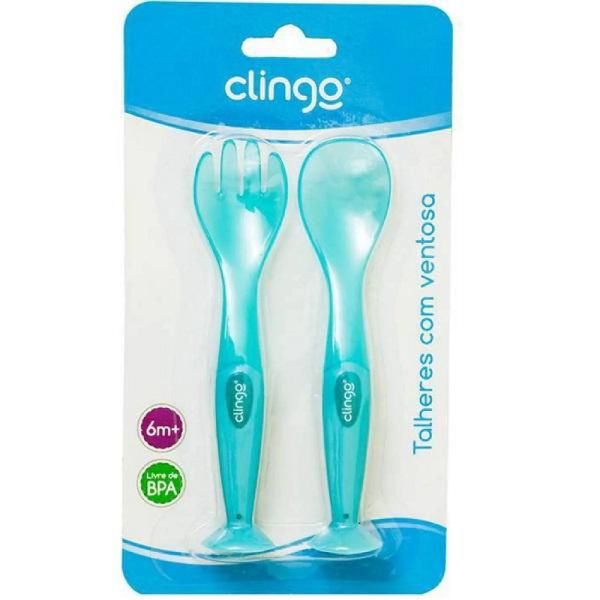 Kit Colher e Garfo Infantil Cabo com Ventosa Clingo Azul