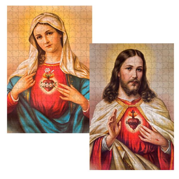 Kit 2 Quebra-Cabeça Religiosos Sagrado Coração de Jesus e Maria de 60 Peças