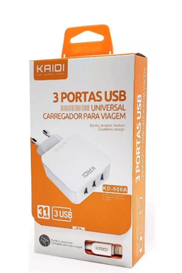 Carregador 3 Portas Tipo Lightning ios Usb 3.1A Kaidi KD-606A Branco