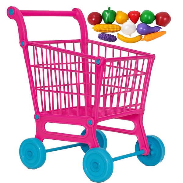 Carrinho Supermercado Super Market Compras 12 + Frutas e Legumes Rosa com Rodinhas