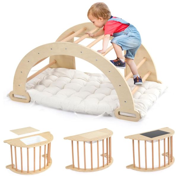 Escalada 5 em 1 JOYMOR Triângulo Pikler com Arco Balanço e Mesa Sensória para Crianças, Brinquedo de Escalada de Madeira Montessoriana para Bebês