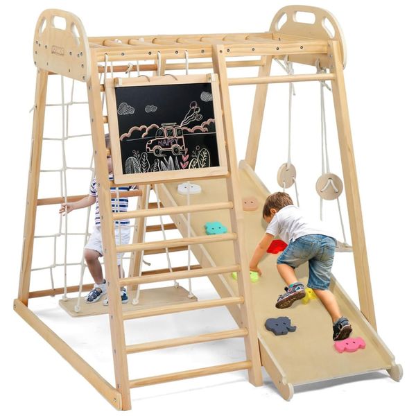 JOYMOR 8 em 1 Jungle Gym Interno para Crianças e Bebês com Ponte Suspensa e Balanço, Playground Interno de Madeira com Escorregador, Quadro Negro