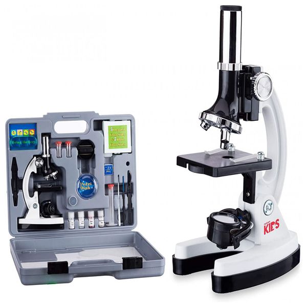 Kit Microscópio de Metal 120X 1200X 5 com Maleta de Transporte, Luz LED para Crianças, AMSCOPE M30 ABS KT2 W, Branco