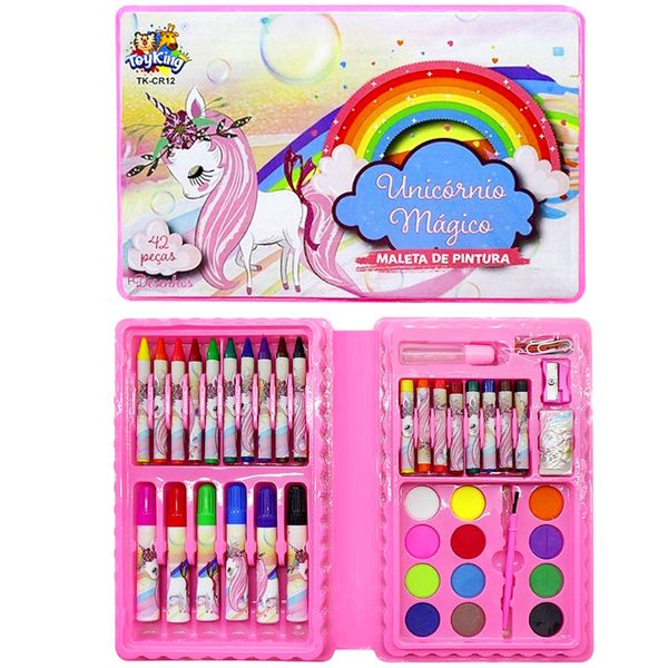 Estojo de Colorir Unicórnio Canetinhas Giz Acessórios 42 Peças