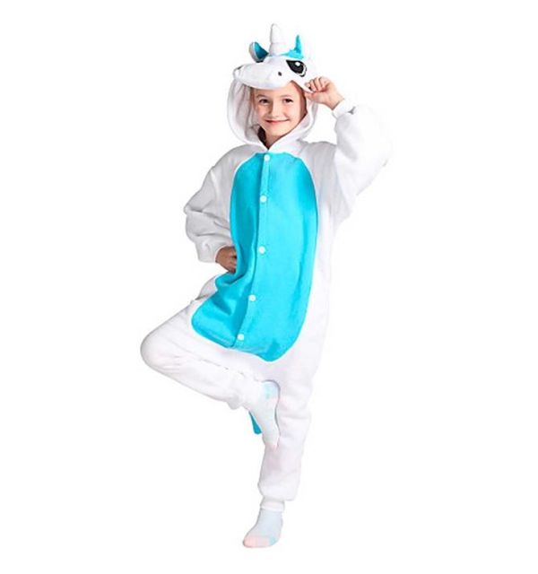 Fantasia Pijama Macacão de Unicórnio Kigurumi Infantil Branco e Azul Com Capuz ´P