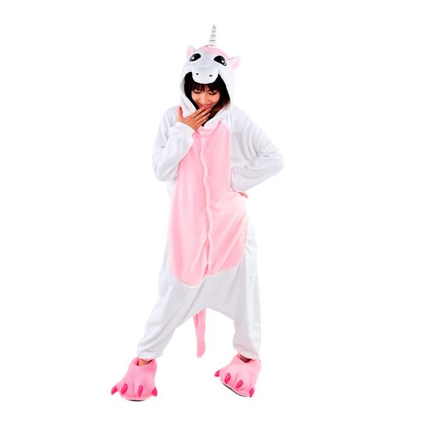Fantasia Macacão de Unicórnio Kigurumi Infantil Branco e Rosa Com Capuz GG / Branco e Rosa