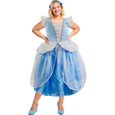 Vestido Princesa Cinderela Adulta Plus Size Super Luxo Com Tiara Azul
