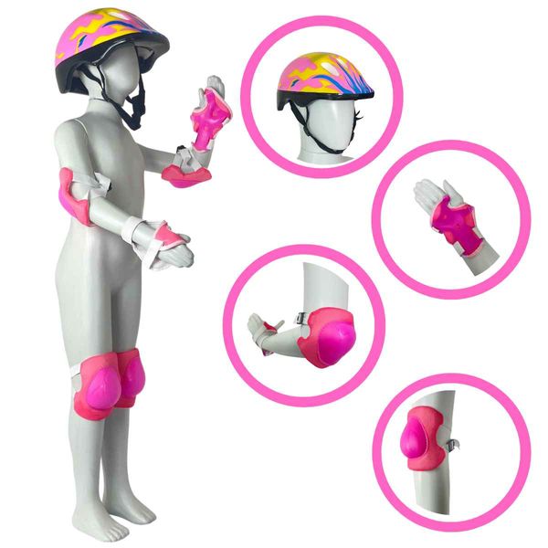 Kit Proteção Infantil Zippy Capacete Joelheiras Cotoveleiras Várias Cores P/ Esportes Patins Skate Patinete Rosa