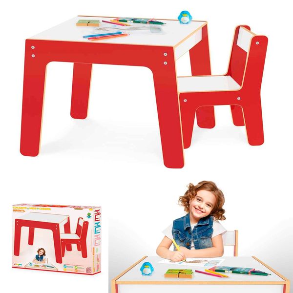 Mesa Mesinha Infantil De Madeira Com Cadeira Cadeirinha Junges Várias Cores Crianças Até 40Kg Vermelho