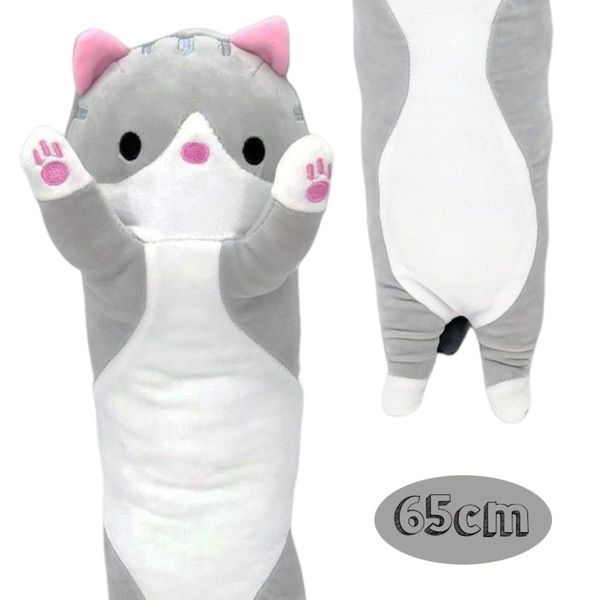 Bicho de Pelúcia Almofada Gatinho Fofy Toys Cinza 65cm Macio, Travesseiro e Abraço