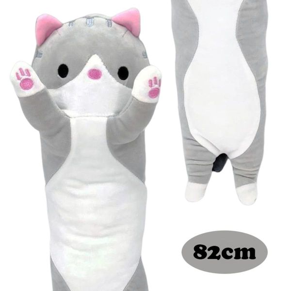 Bicho de Pelúcia Almofada Gatinho Cinza Fofy Toys 82cm Travesseiro Grande e Fofo