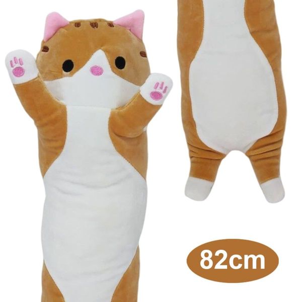 Bicho de Pelúcia Almofada Gatinho Marrom Fofy Toys 82cm Macio, Travesseiro e Decoração