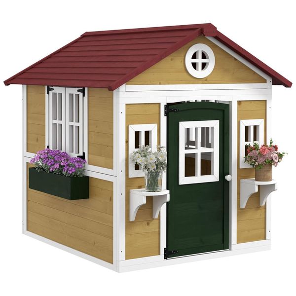 Casinha Infantil de Madeira para Área Externa com Janelas Retrô, Porta e Vasos de Flores para Crianças de 3 a 8 Anos, Outsunny, Bege 110v