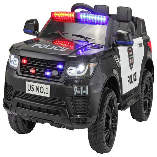 Carro, Carrinho Elétrico Policial, 2 lugares, à bateria 12V, USB, controle remoto, Vel 5km por hora, idade 3 a 6 anos, TOBBI, Preto 110v