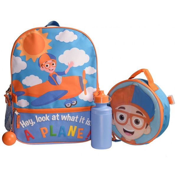 Mochila Escolar Infantil Blippi com Lancheira, Garrafa de Água e Chaveiro Divertido, Azul e Laranja 110v