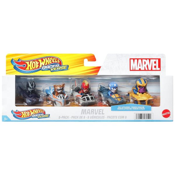 Conjunto 5 Carros Racer Verse Otimizados para Desempenho em Pista Hot Wheels com Personagens Populares da Marvel, Hot Wheels 110v