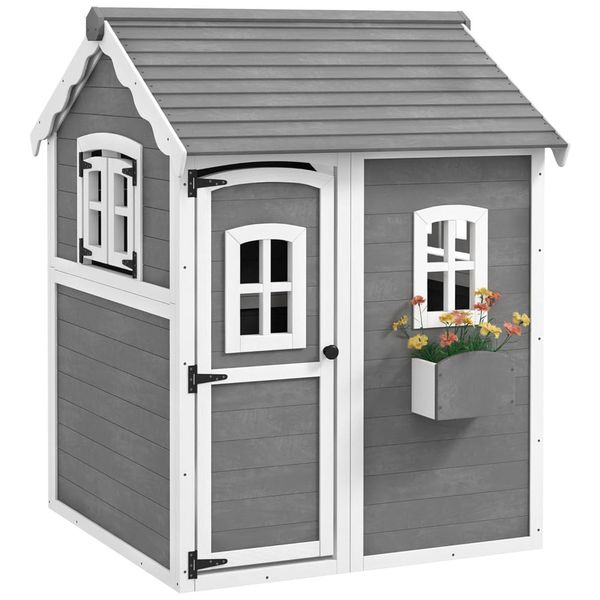 Casinha Infantil de Madeira para Área Externa com Piso, Porta, Janelas e Suporte para Vaso de Flor para Crianças de 3 a 8 Anos, Outsunny, Cinza 110v