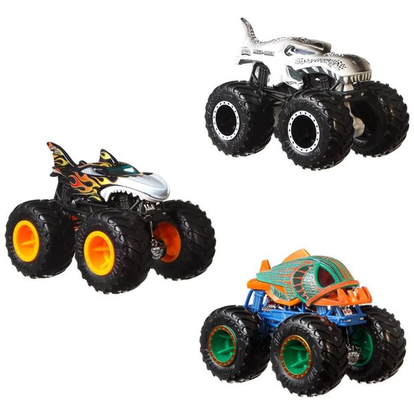 Conjunto Monster Trucks, 3 Carrinhos em Escala 1:64 Shark Wreak, Piran Ahh e Mega Wrex, Hot Wheels 110v