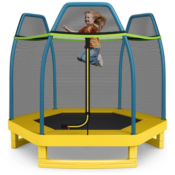 Giantex Cama Elastica Infantil com Diâmetro e Rede de Proteção para até 100 kg, Amarelo, Verde 110v